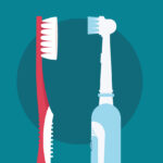 Drawing of an electric toothbrush vs. a manual toothbrush against a teal background