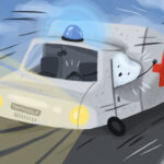 Drawing of a tooth driving an ambulance to give tooth help for a lost crown dental emergency