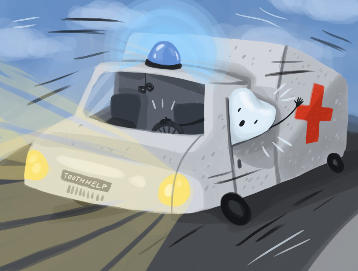 Drawing of a tooth driving an ambulance to give tooth help for a lost crown dental emergency