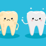 Illustration of a happy white tooth next to a sad yellow tooth affected by discoloration
